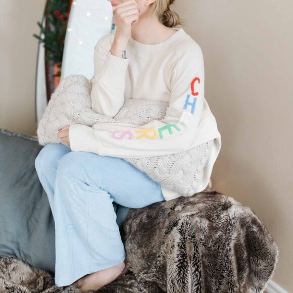 Aerie Down To Earth "CHEERS" Oversized Fleece Crew Sweatshirt Soft Oat XL - Picture 7 of 15